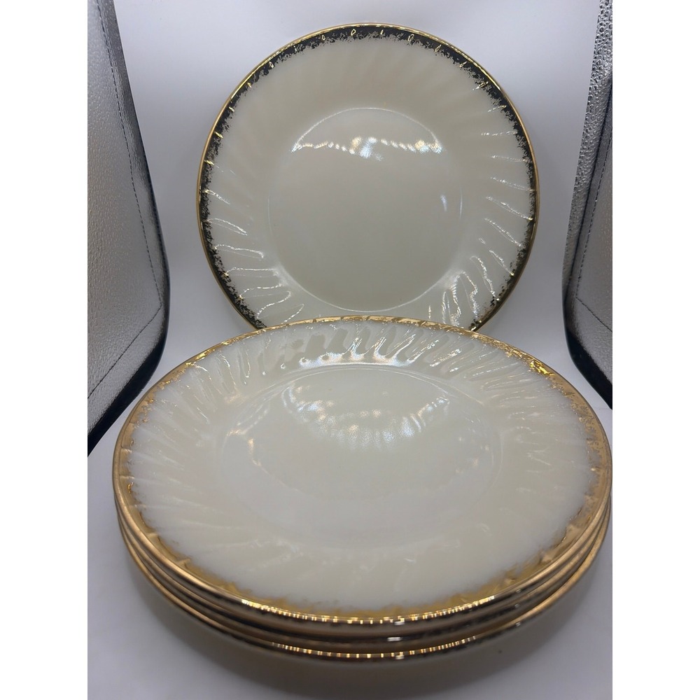 (Set of 4) Vintage Fire King White Swirl Gold Trim 9" Dinner Plates USA